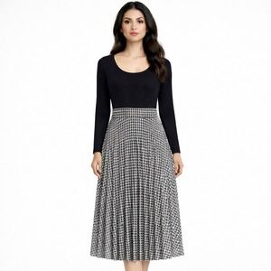 ANN TAYLOR Mixed Media Houndstooth Flare Midi Dress Black White NWT Size 14